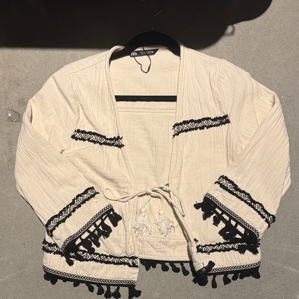 Zara Cream and Black Tassel Cardigan